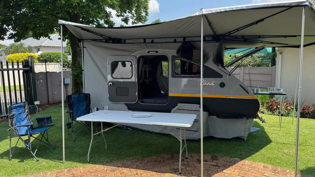 Vagabond Rogue teardrop caravan with awning